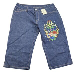 Veiatu Capri Jeans Womens 20 Blue Dark Wash High Rise Rhinestone Embroidered